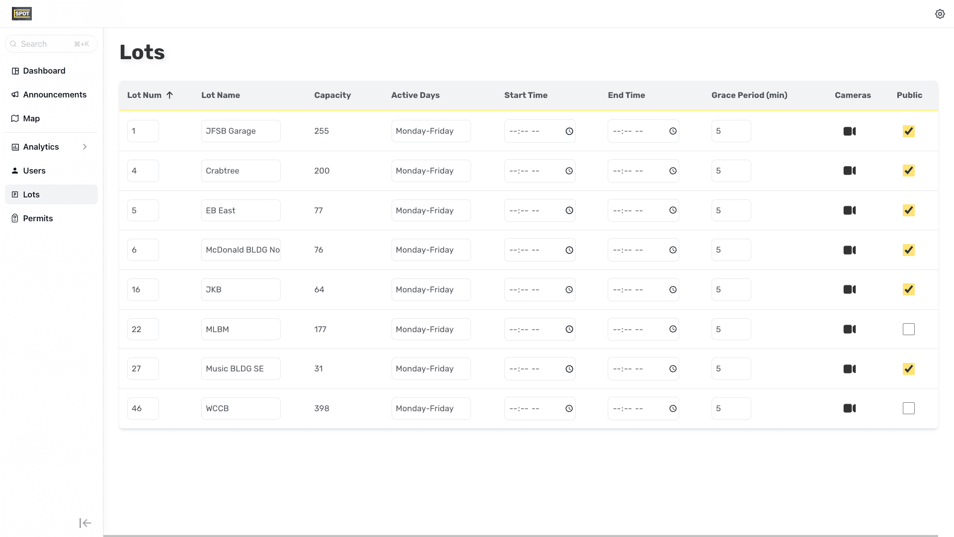 Admin Portal Lots Settings