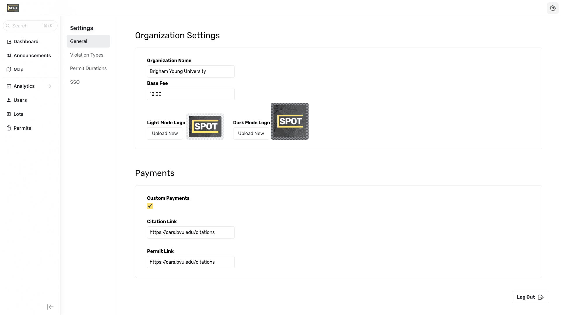 Admin Portal Organization Settings