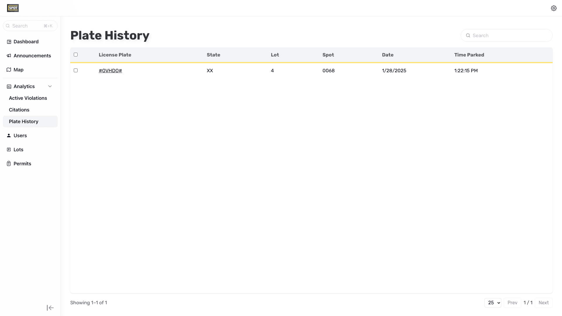 Admin Portal Plate History