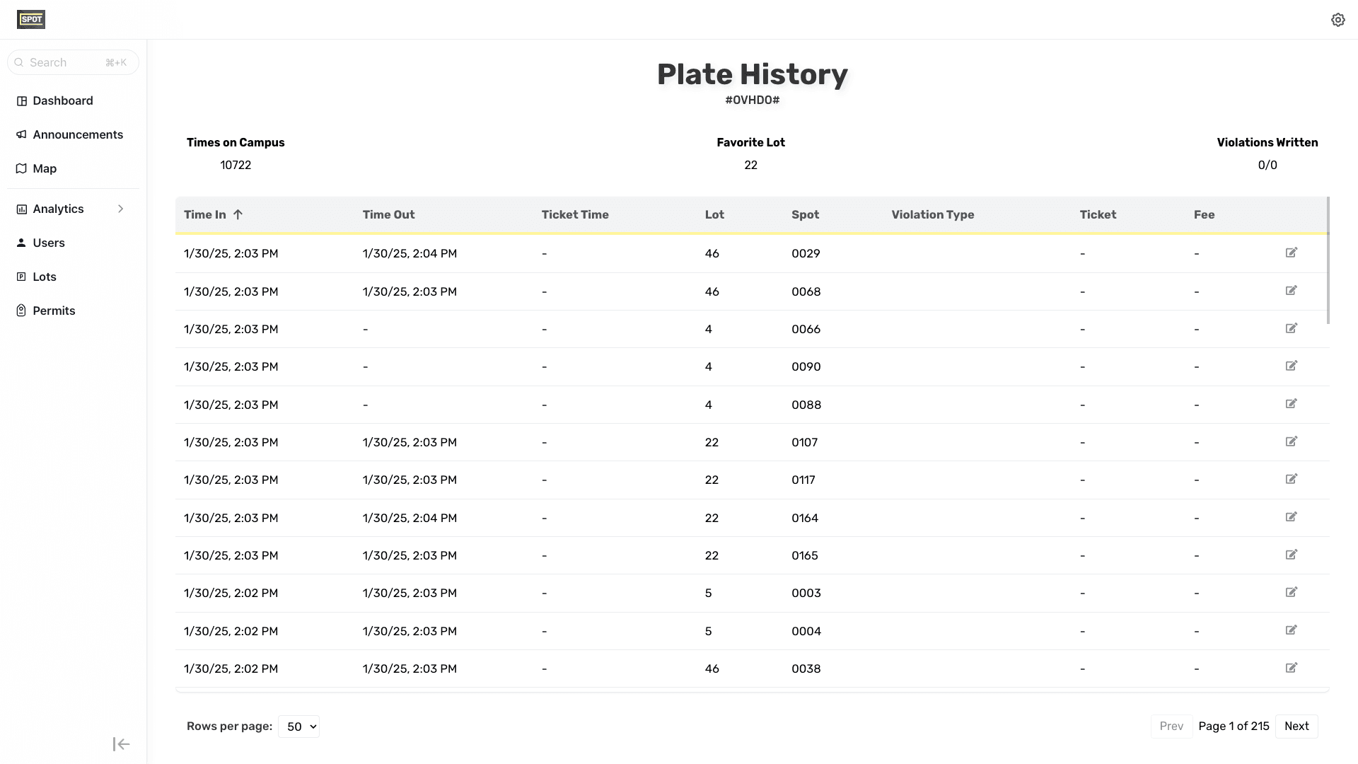 Admin Portal Single Plate History
